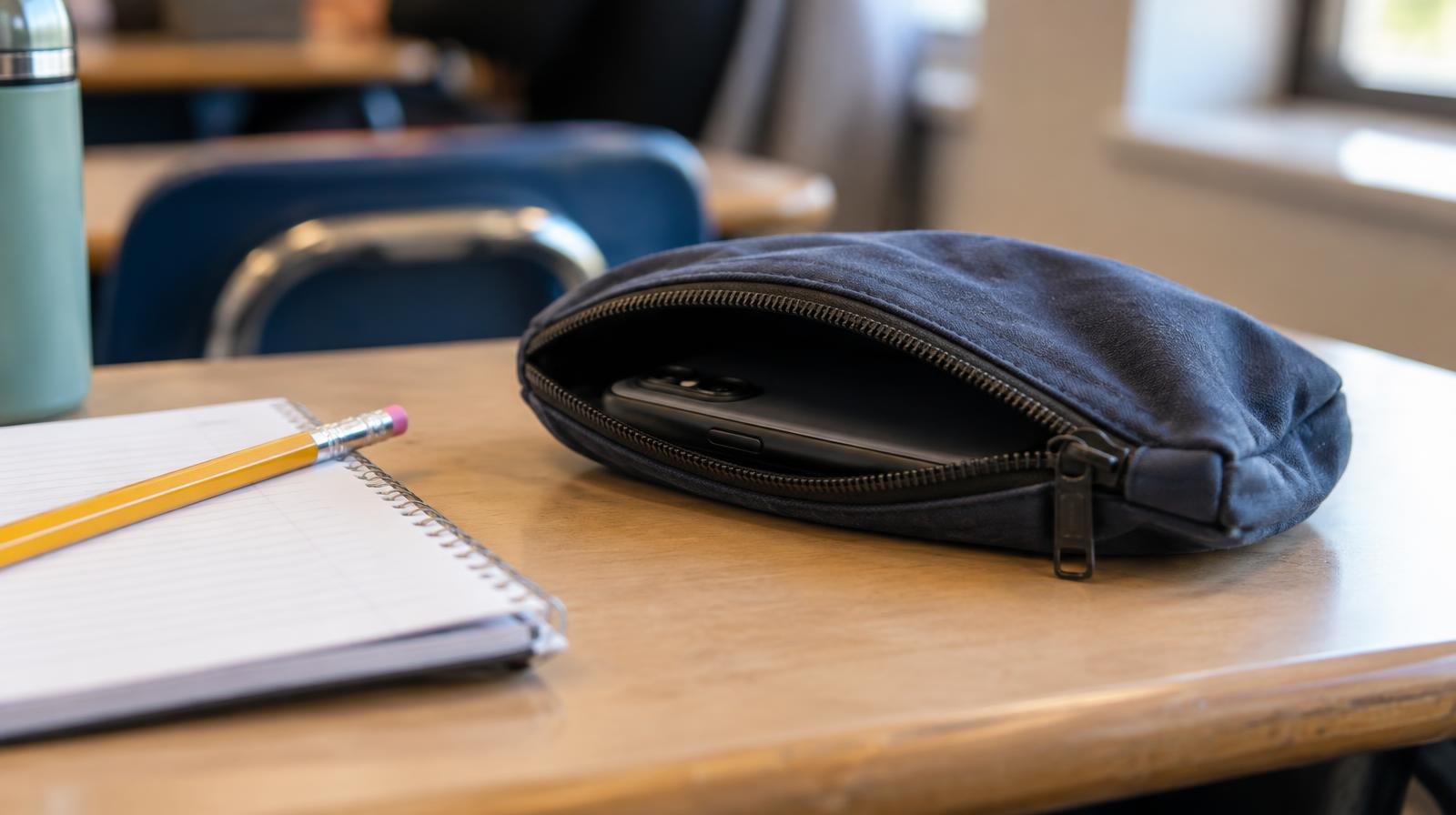 A smartphone face-down inside a zippered fabric pouch on a wooden school desk.