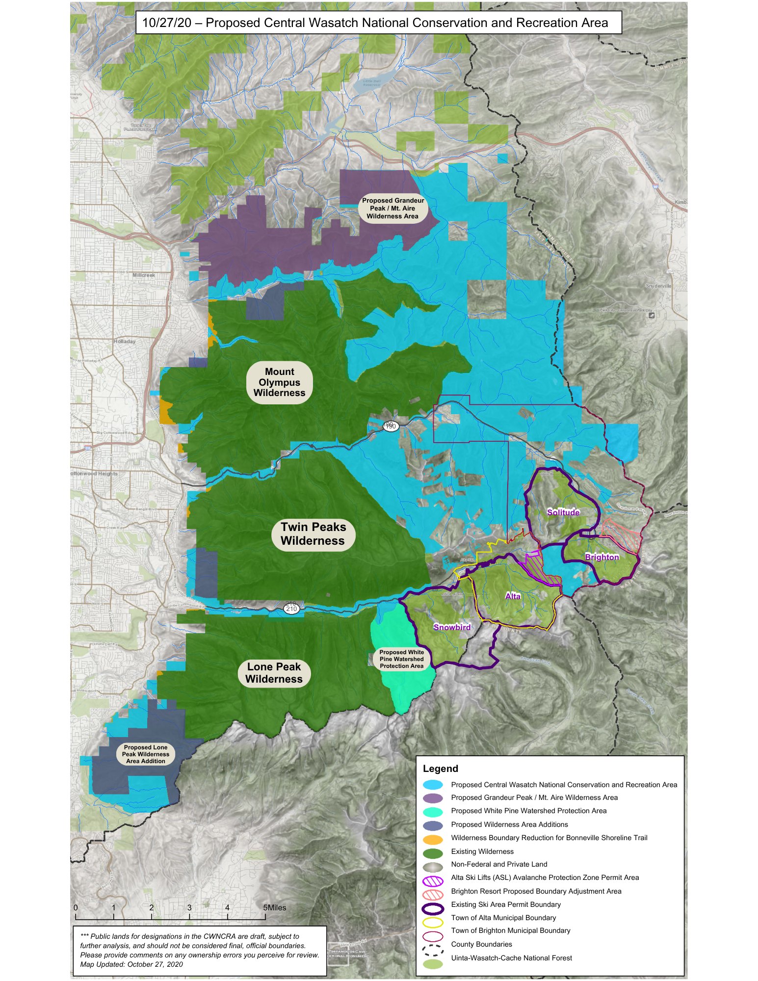 Color-coded map showing proposed conservation and wilderness boundaries in the Central Wasatch Mountains.