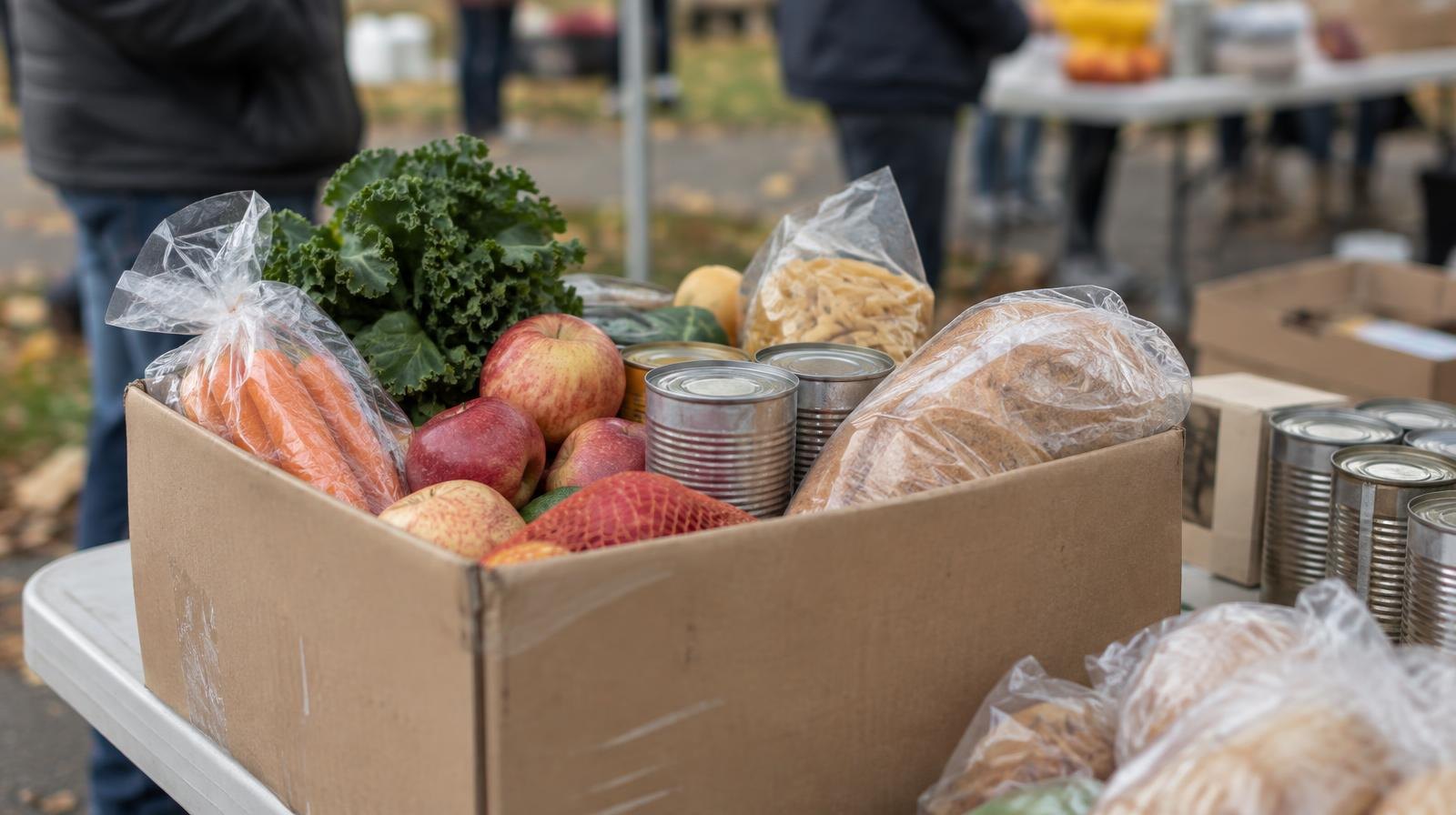 Cardboard box filled with canned goods and packaged food on a folding table outdoors.