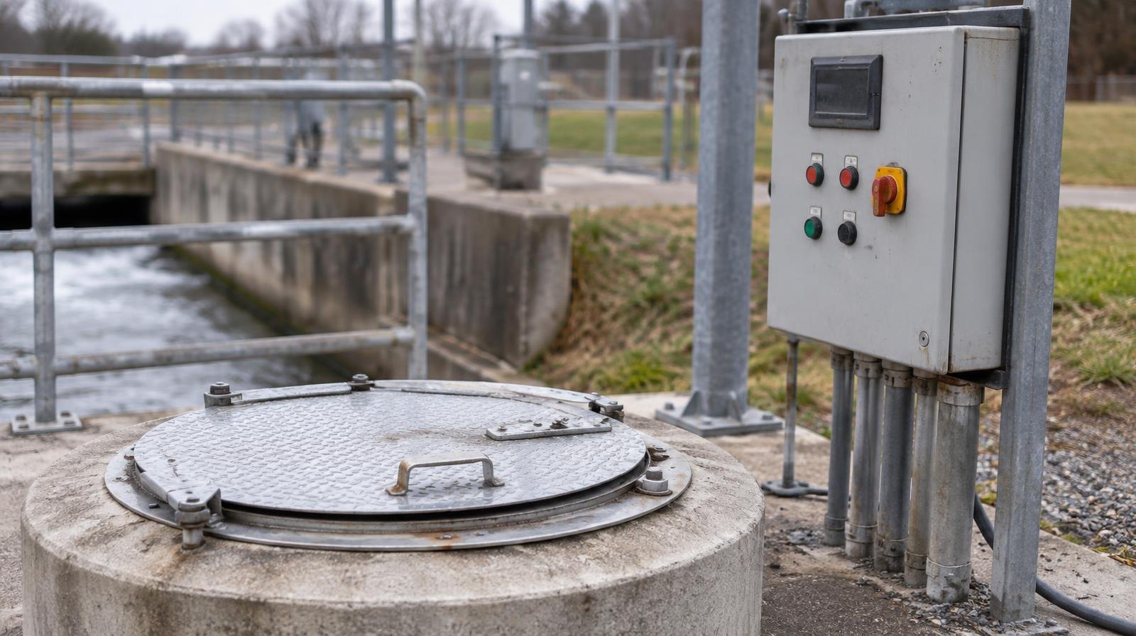 Concrete sewer pump station hatch and drainage channel in an outdoor utility yard.
