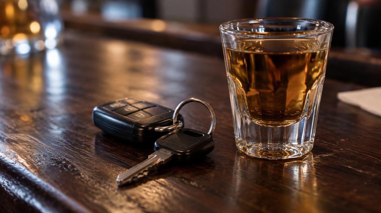 Car keys resting next to a full shot glass on a dark wooden surface.