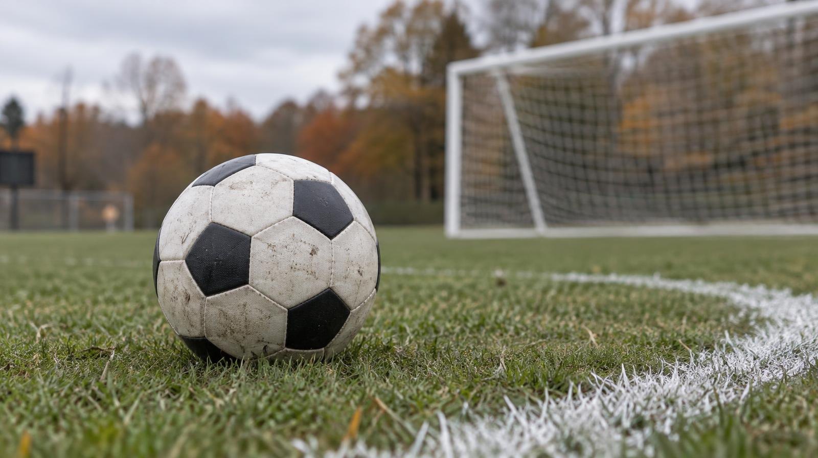 A soccer ball resting on a grass field near a white penalty arc with a goal net behind it.