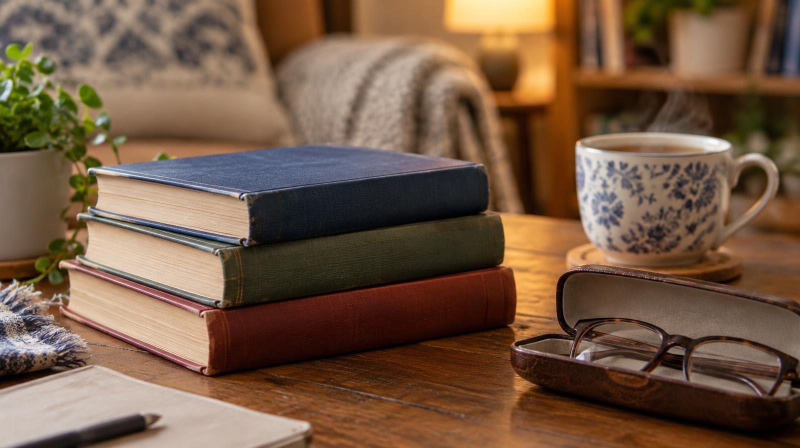 Stack of hardcover books on a wooden table beside reading glasses and a cup of tea.