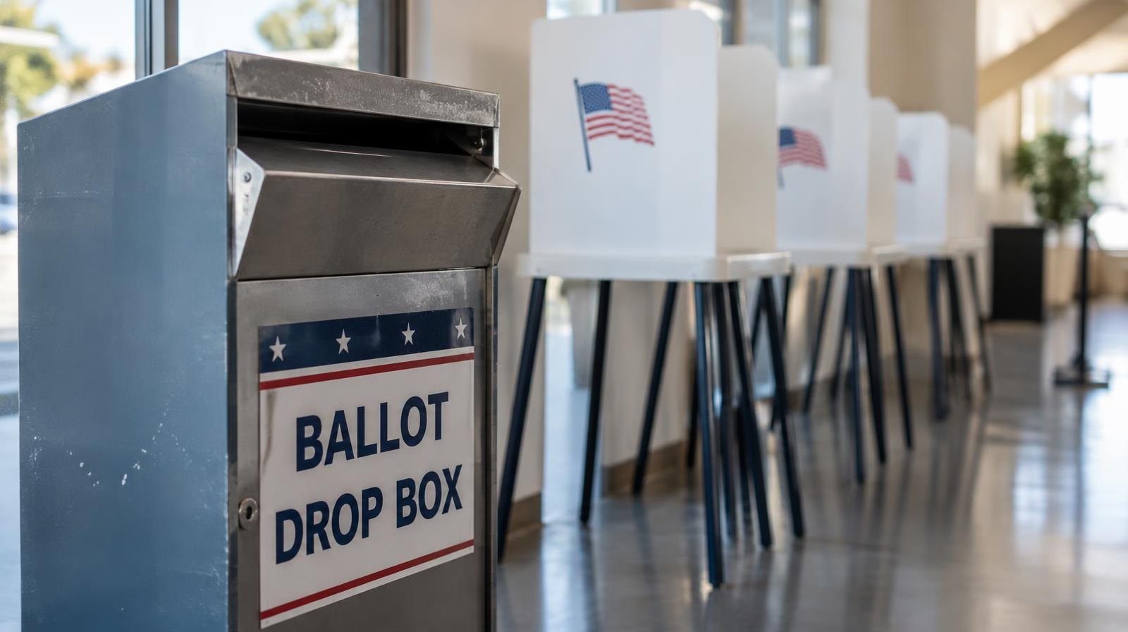 A ballot drop box next to a row of empty voting booths in a bright room.