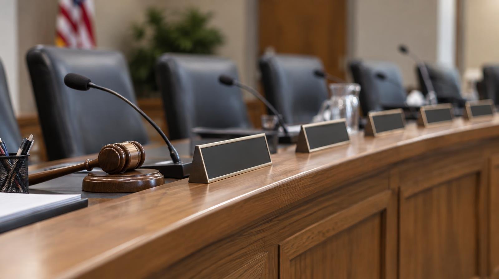 Seven empty name placards in a curved row on a meeting dais beside a gavel and microphone.