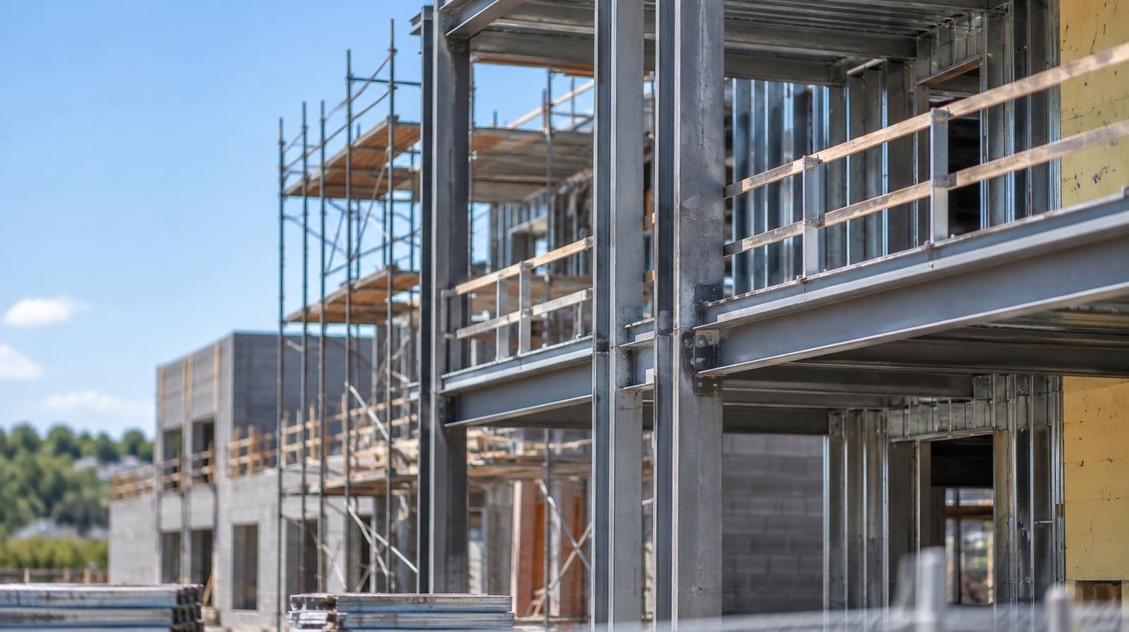 Steel framing and scaffolding of a building under construction against a clear blue sky.