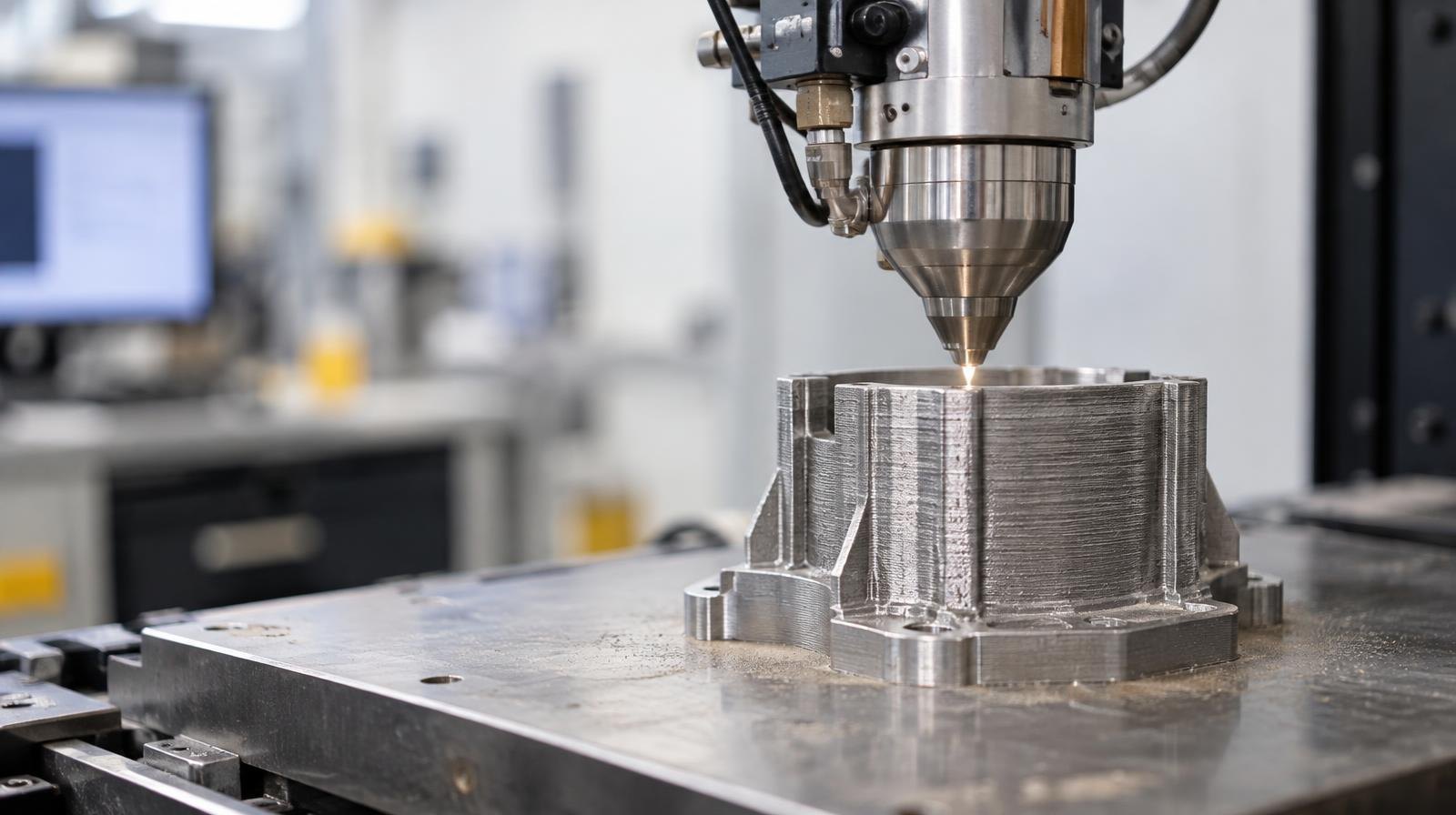 Close-up of an industrial 3D printer nozzle depositing material onto a metal part.