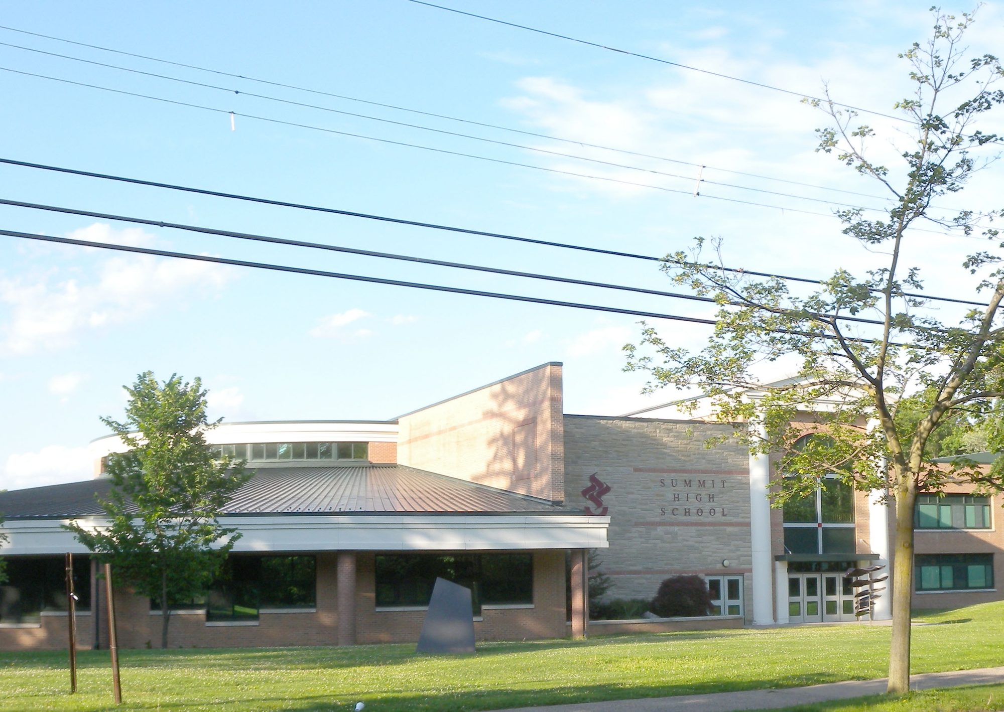 Looking northeast at Summit High School on a sunny afternoon. (Summit, New Jersey)