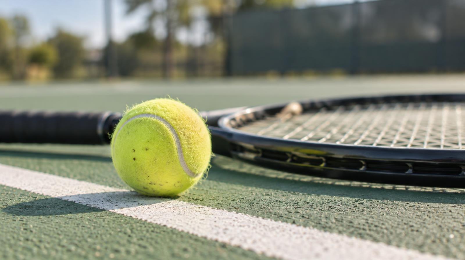 Yellow tennis ball and racket resting on a green outdoor tennis court.