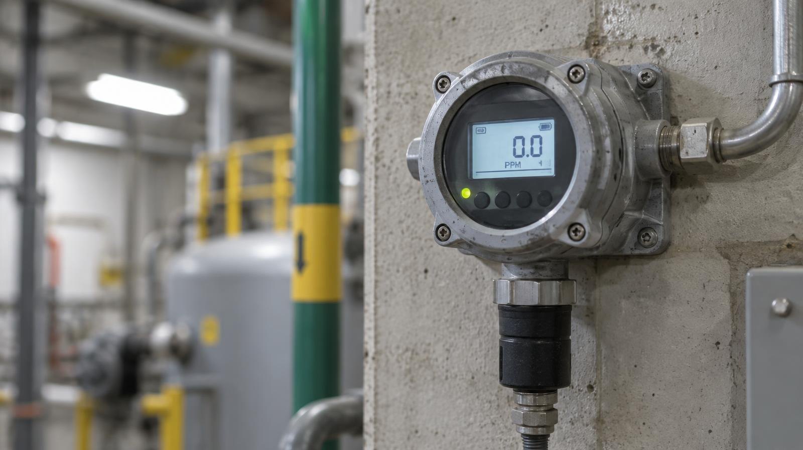 Wall-mounted industrial gas detector with digital display on a concrete wall.