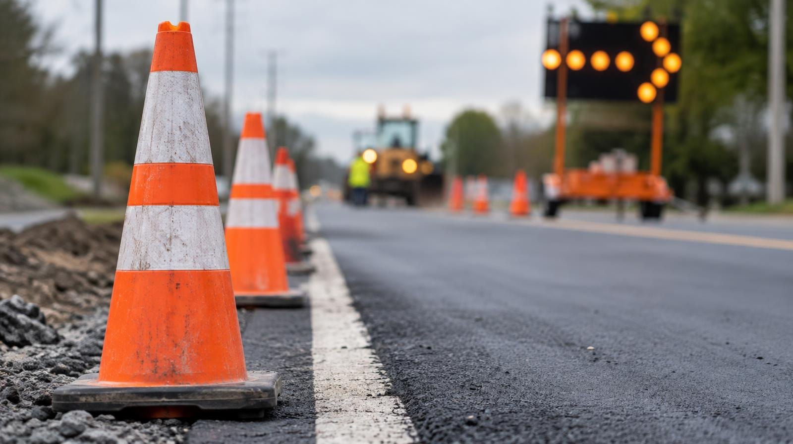 Orange traffic cones along a newly paved asphalt road with lane closure signs.