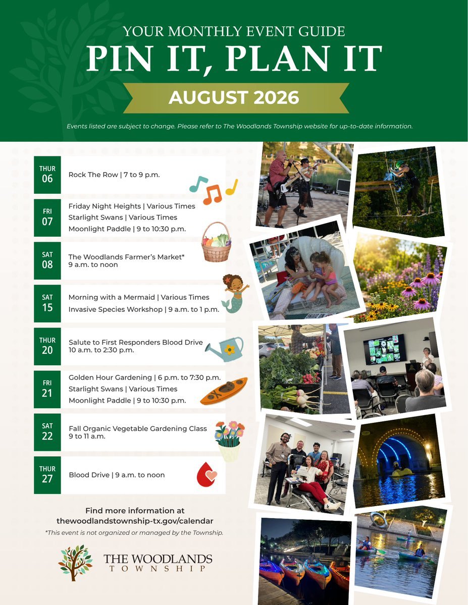 Colorful promotional poster listing August 2026 community events with dates and small activity photos.