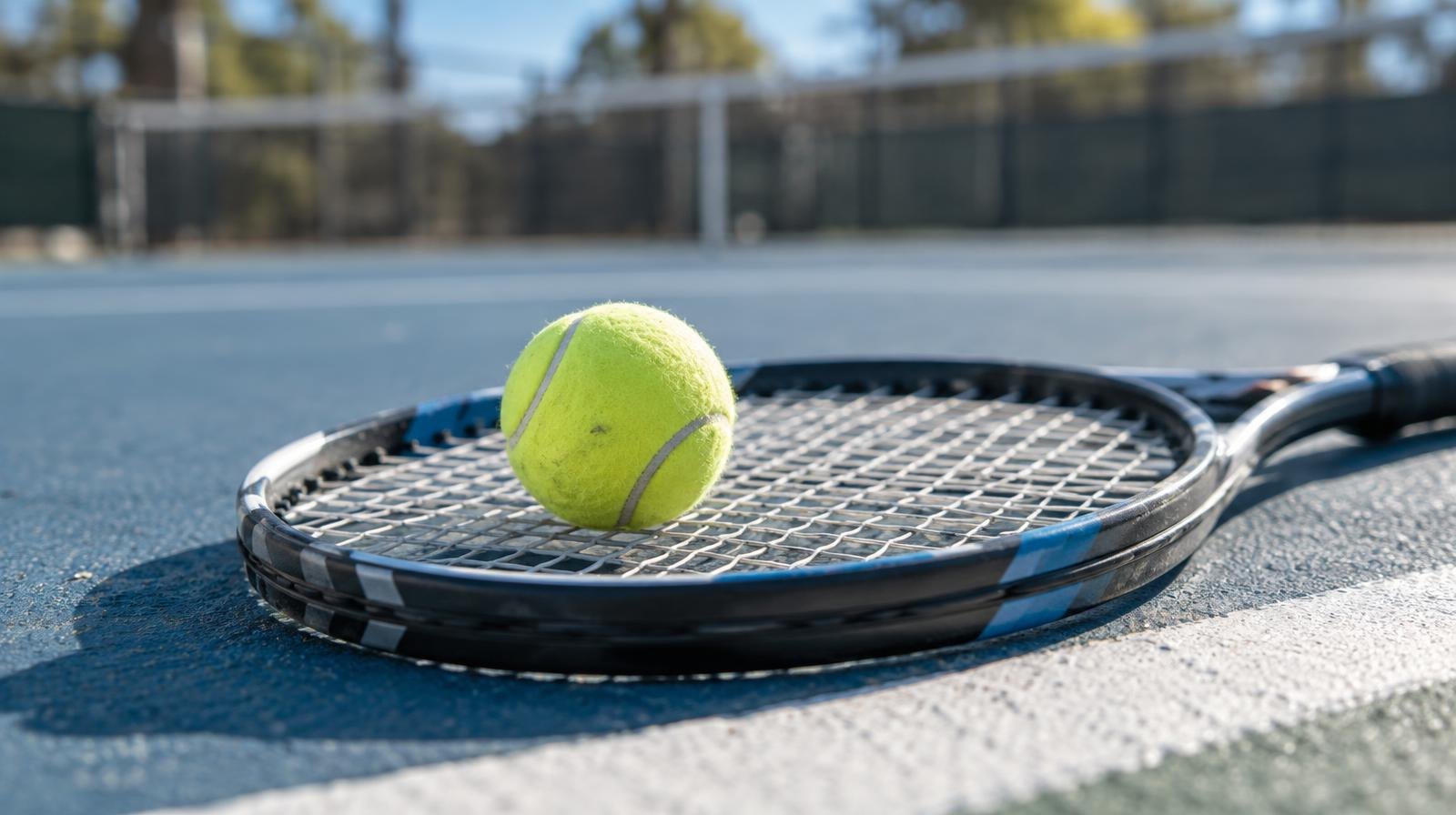 Yellow tennis ball resting on the strings of a tennis racket on a hard court surface.