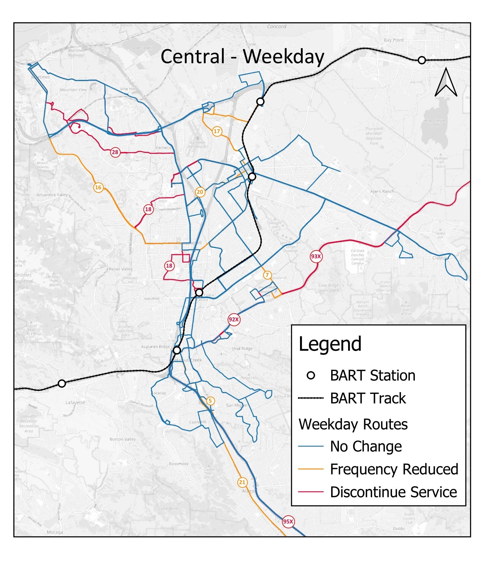 A transit map showing color-coded bus routes across central Contra Costa County.