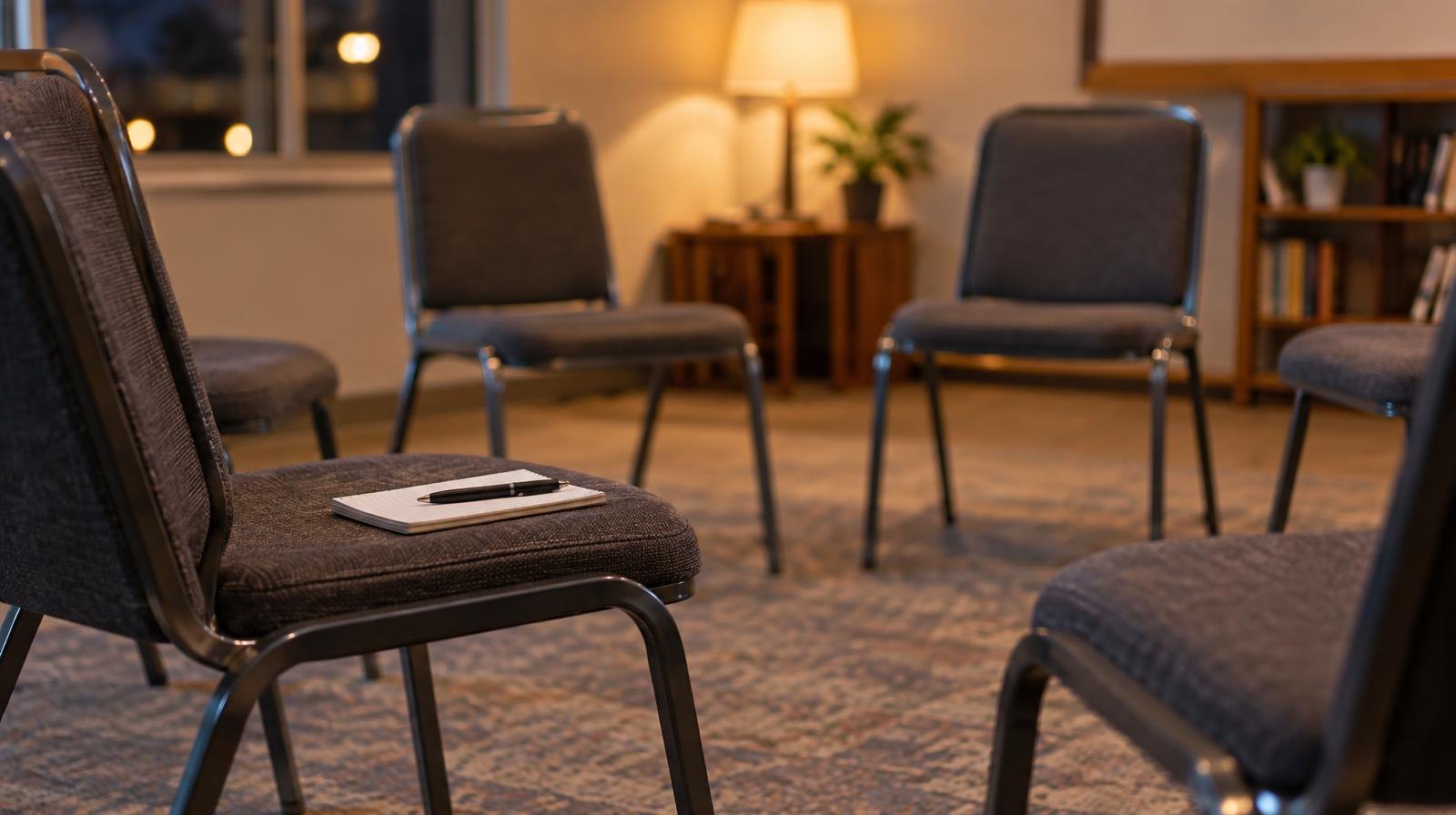 Circle of empty chairs in a warmly lit community meeting room.