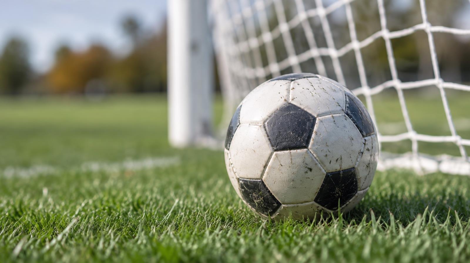 A white soccer ball on green grass in front of a goal net.