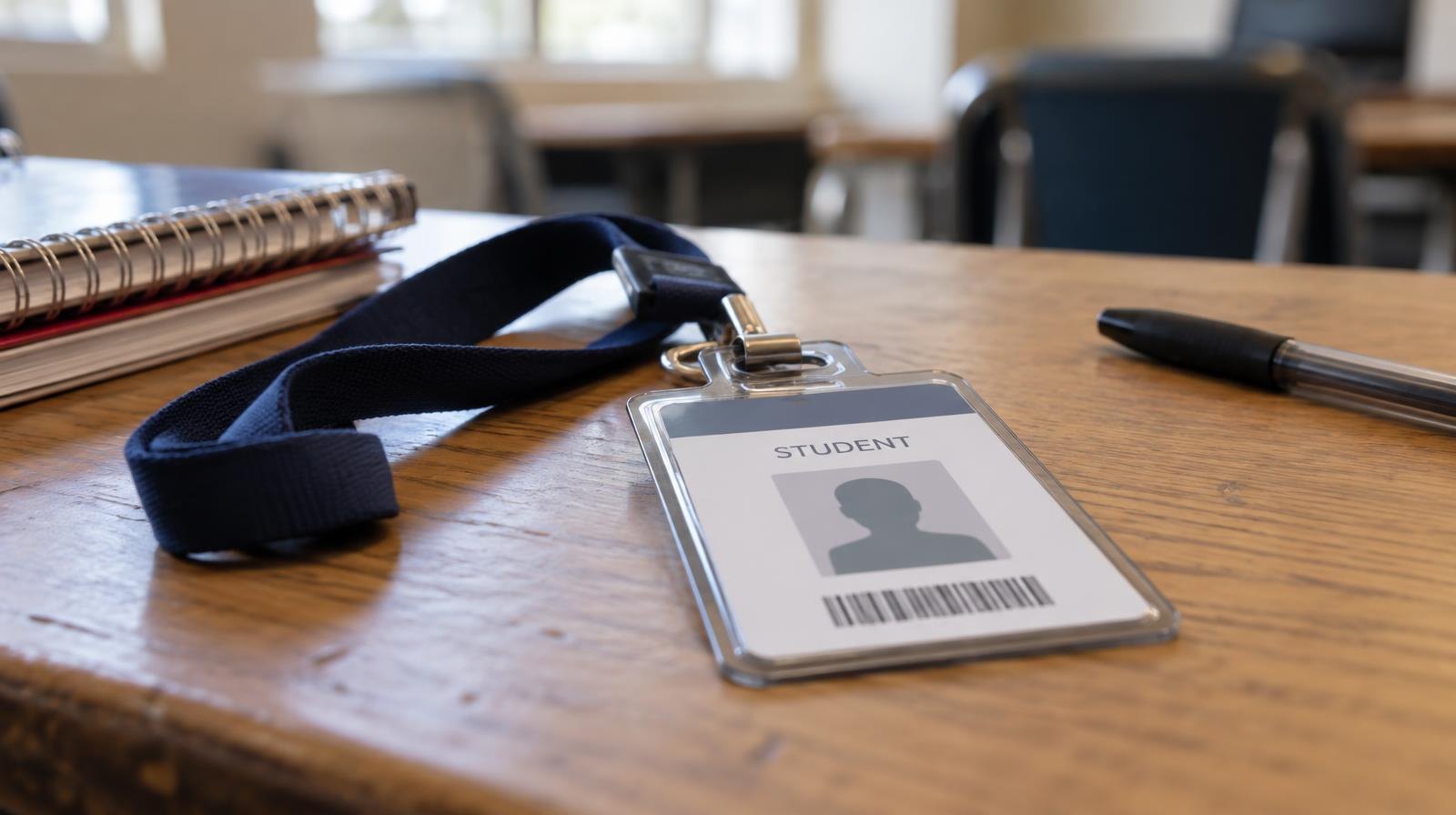 A student ID badge on a lanyard resting on a wooden school desk.