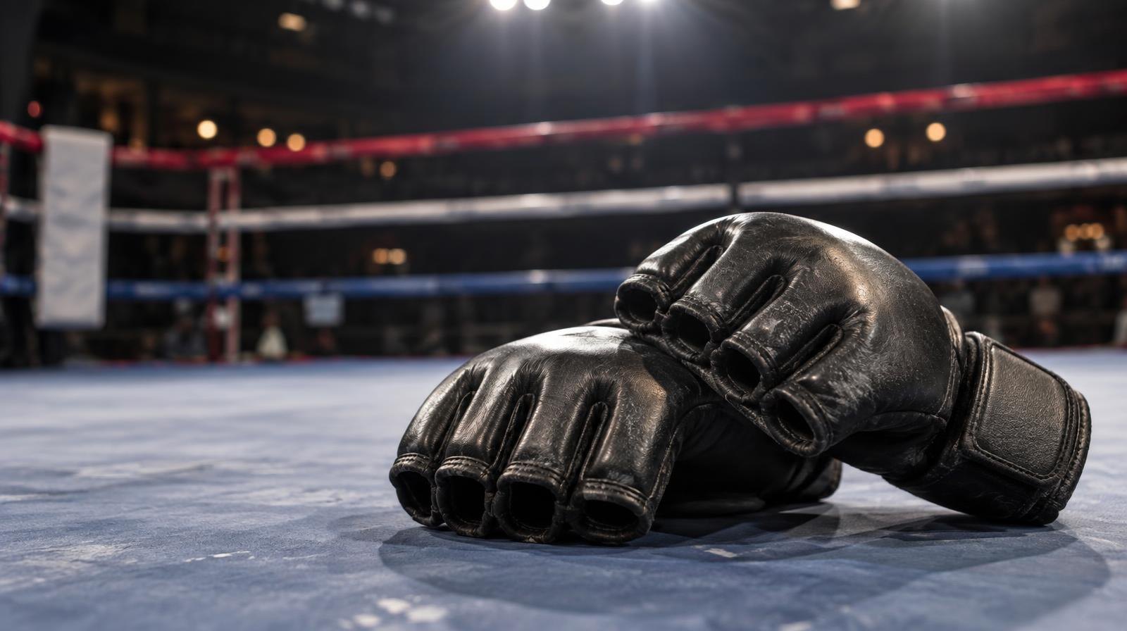 Two MMA fighting gloves resting on a ring canvas with ropes in background.