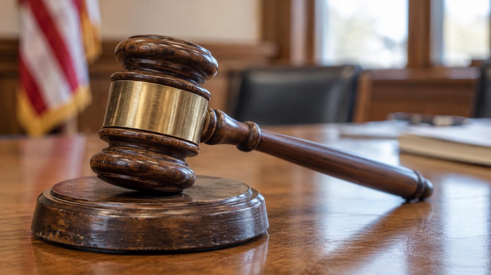 Wooden gavel resting on its sound block on a polished table.