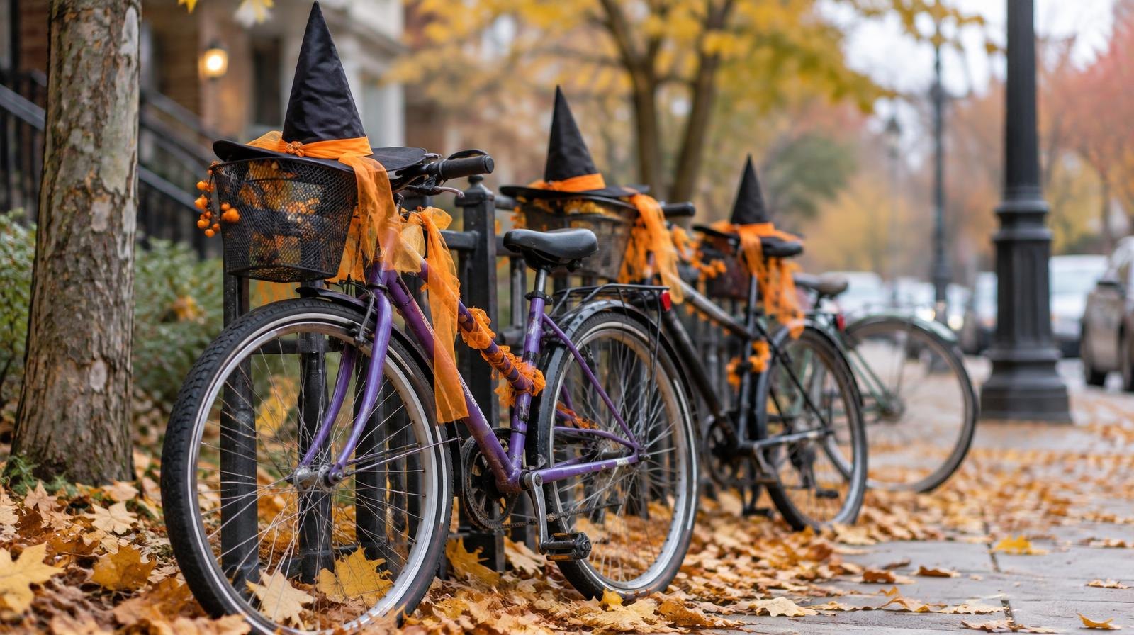 Bicycles with witch hats and orange streamers leaning against a rack on a leaf-strewn autumn street.