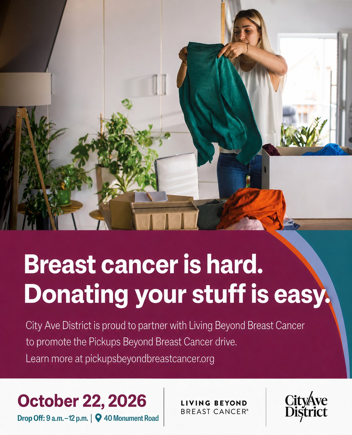 Promotional flyer showing a woman sorting clothing with event details for a donation drive.