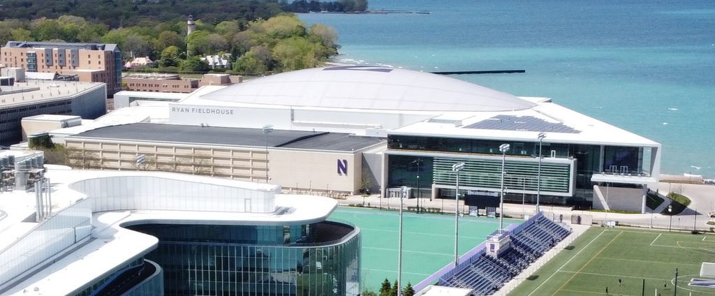 Aerial view of Northwestern University's lakefront athletic facilities with Lake Michigan in the background.