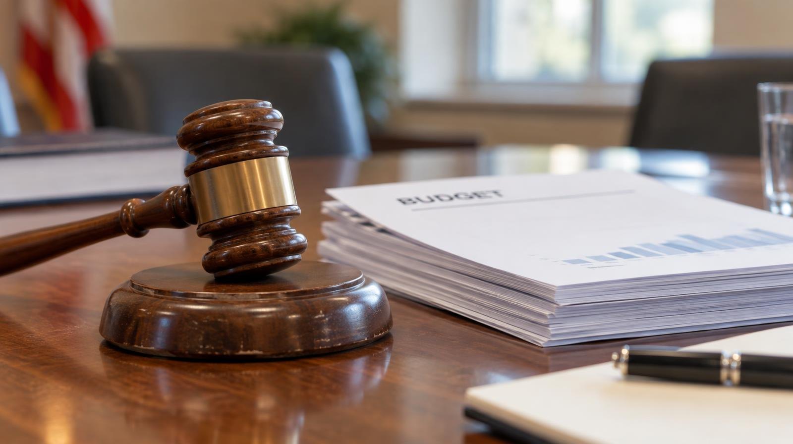 A wooden gavel on its sound block next to stacked documents on a table.