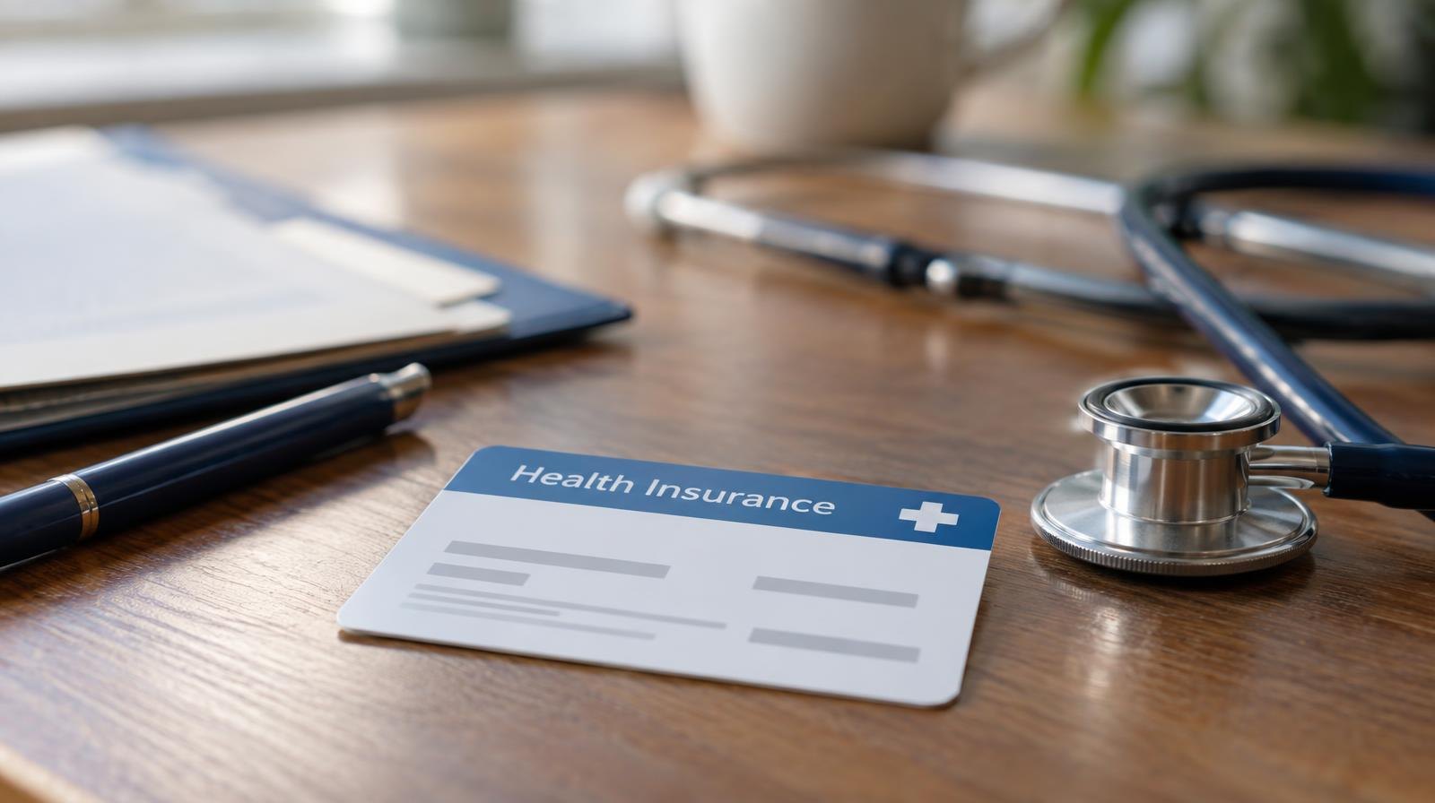 Health insurance card and stethoscope on a wooden desk beside a pen and folder.