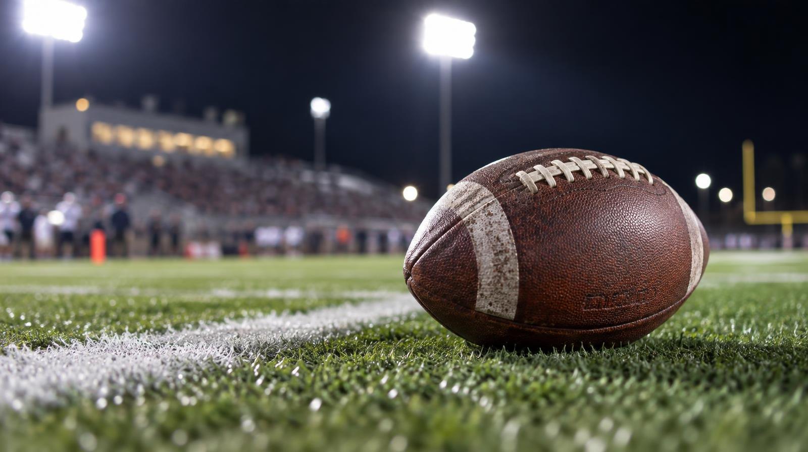 An American football on green artificial turf beside a white yard line under bright lights.