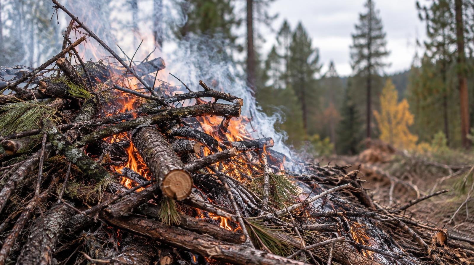 A pile of cut branches and logs smoldering with flames and white smoke in a forest.