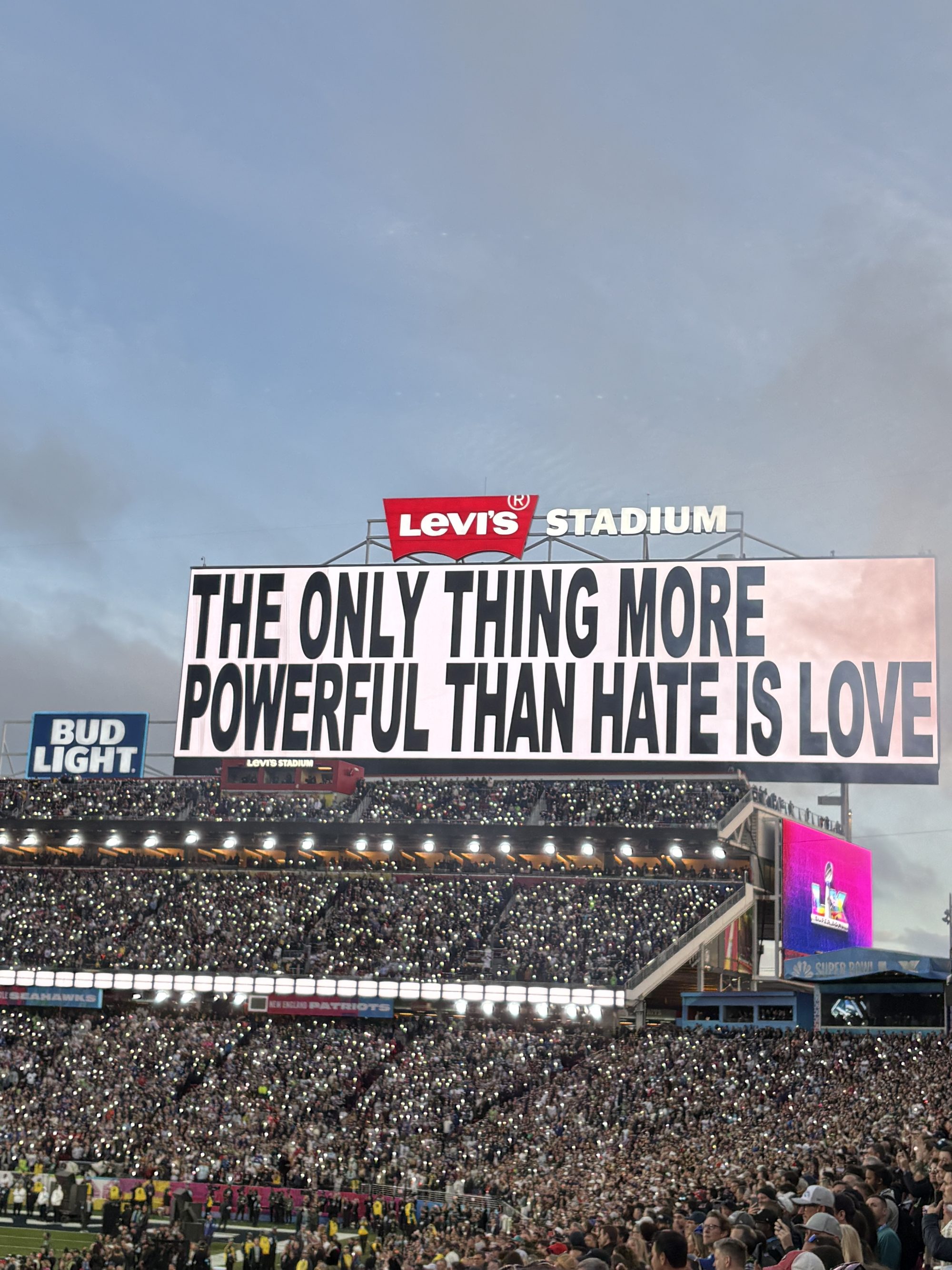 The Jumbotron message of love within Bad Bunny's 2026 half time show at Superbowl LX at Levis Stadium