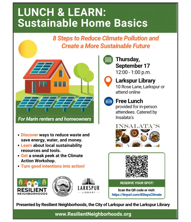 Event flyer for a free sustainable home basics lunch-and-learn workshop at Larkspur Library.