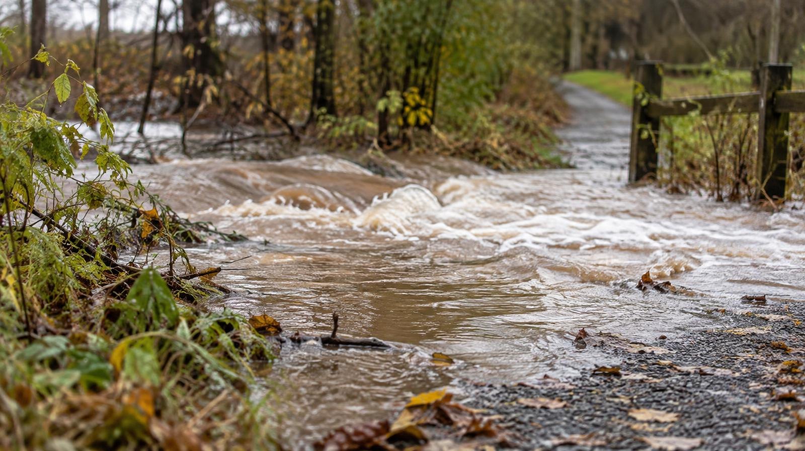 Muddy brown creek water overflowing its banks onto a gravel path.