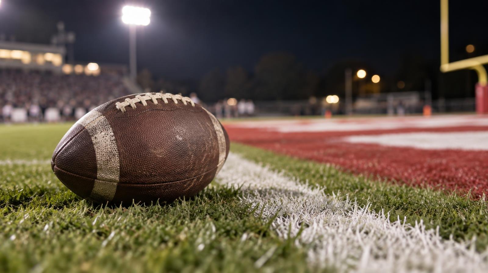 An American football resting on green grass beside a white painted yard line.