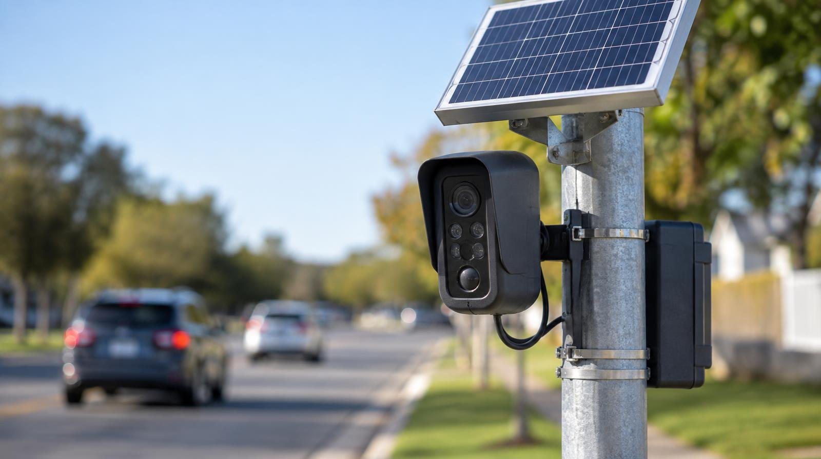Solar-powered license plate reader camera on a metal pole beside a suburban road.