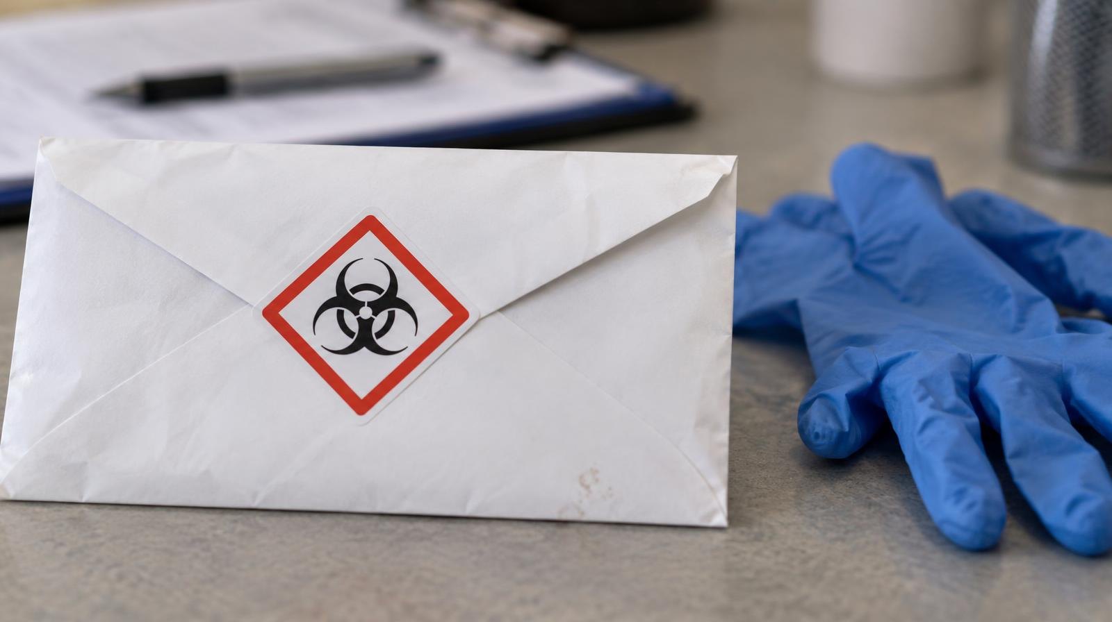 A sealed white envelope with a hazmat label next to blue nitrile gloves on a flat surface.