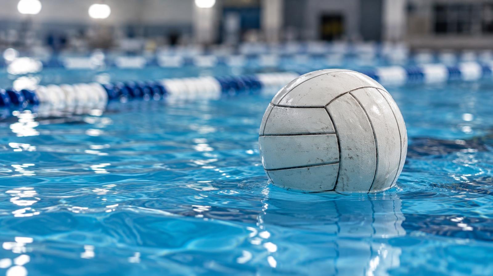 A white water polo ball floating on the surface of a bright blue pool.
