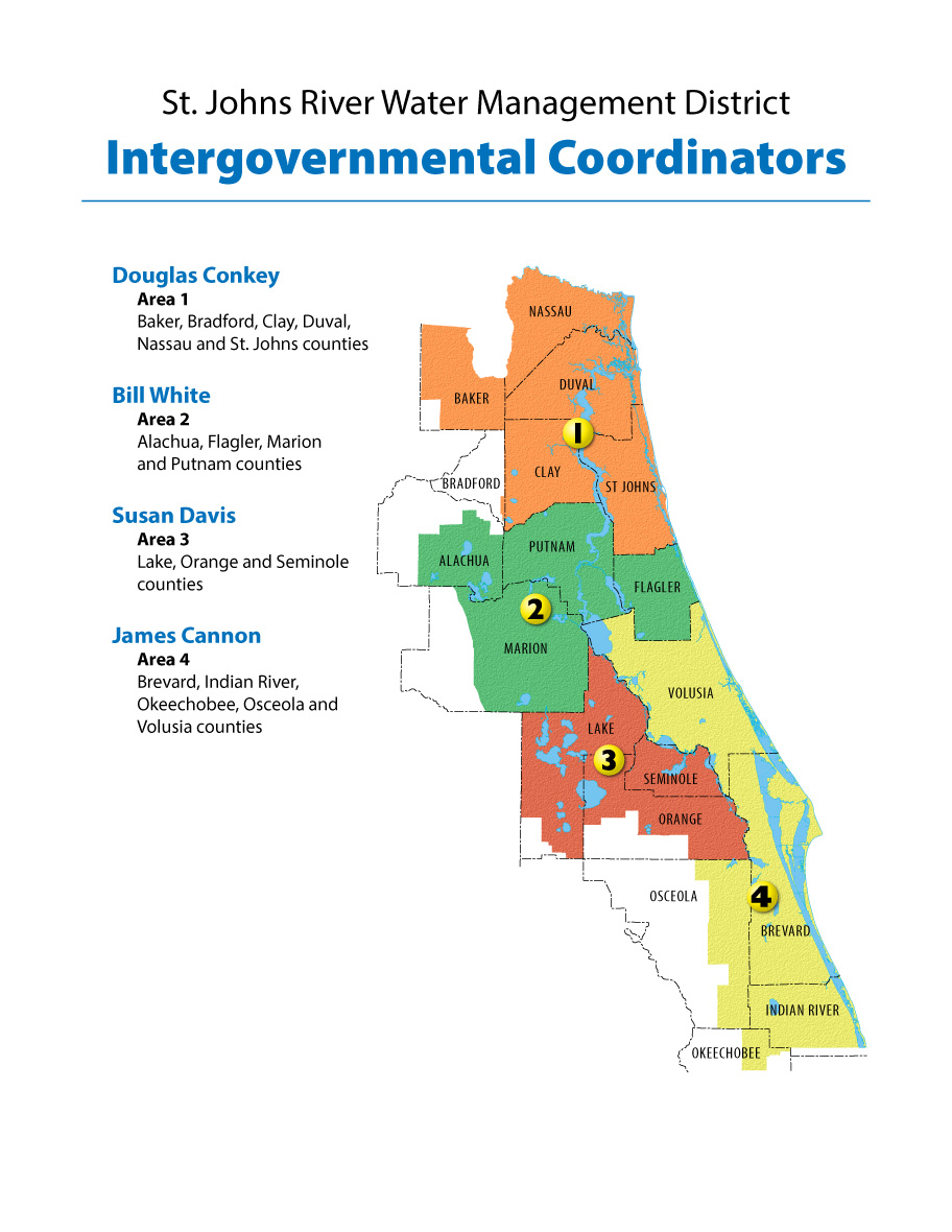 Color-coded map showing the four coordinator areas of the St. Johns River Water Management District.