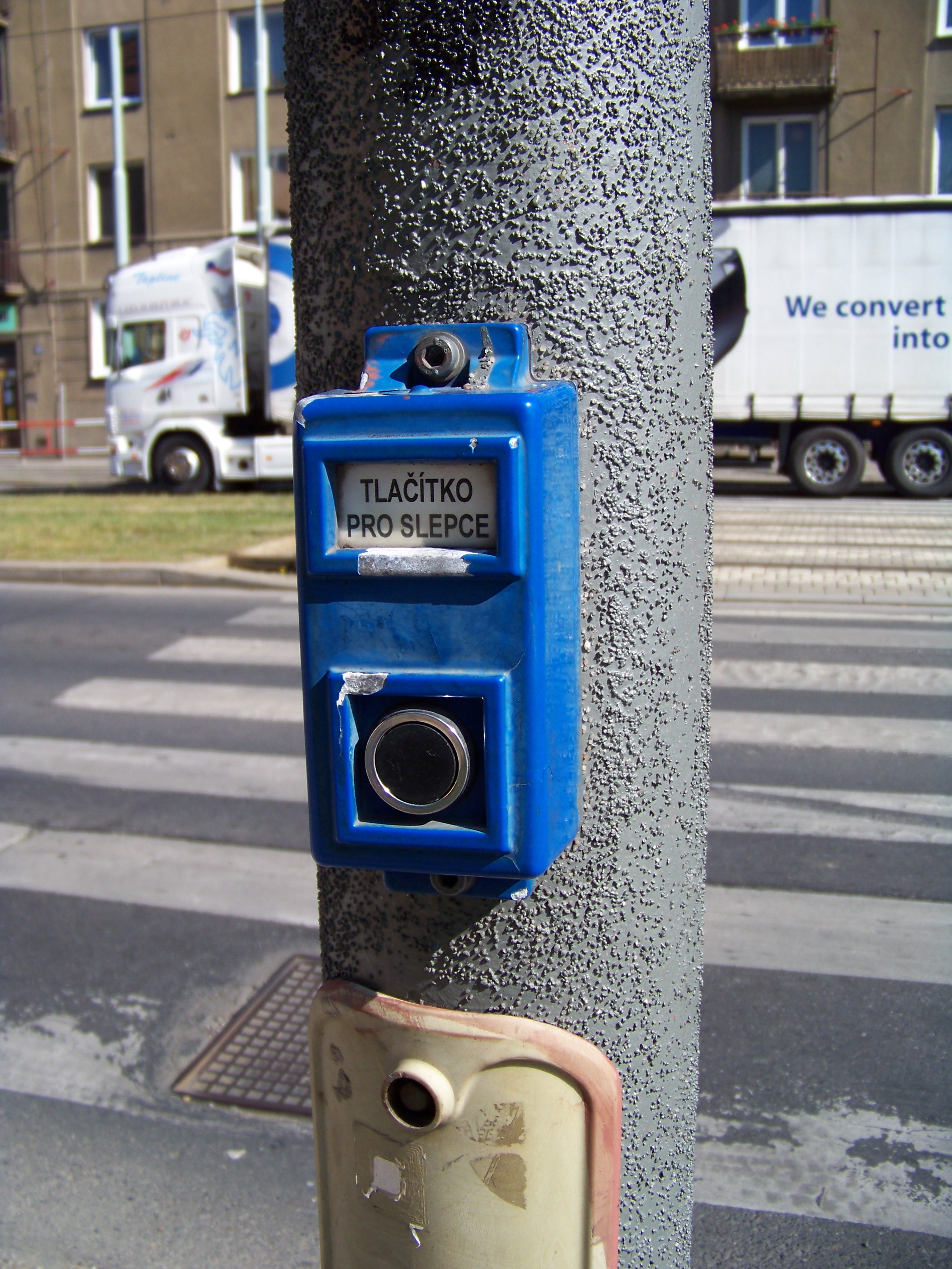 Blue accessible pedestrian push button mounted on a metal pole at a crosswalk.