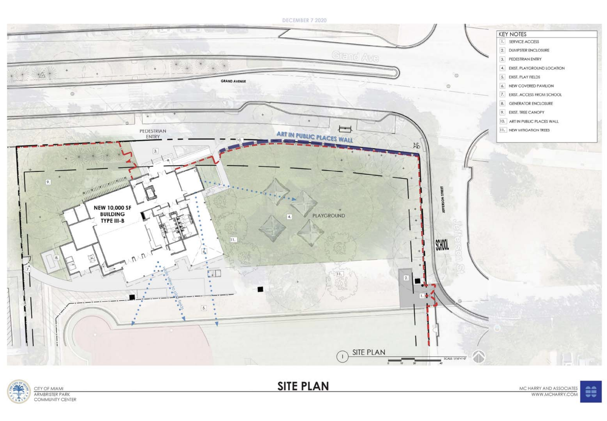 Architectural site plan showing a new community center building, playground, and pedestrian paths.