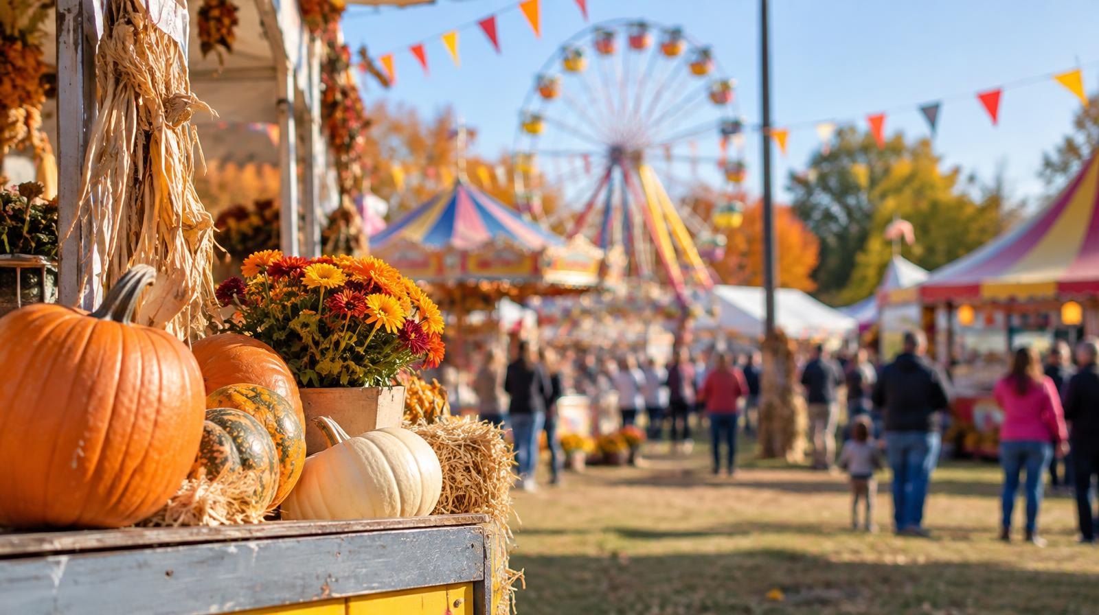 Colorful carnival rides and vendor tents at an outdoor autumn festival.