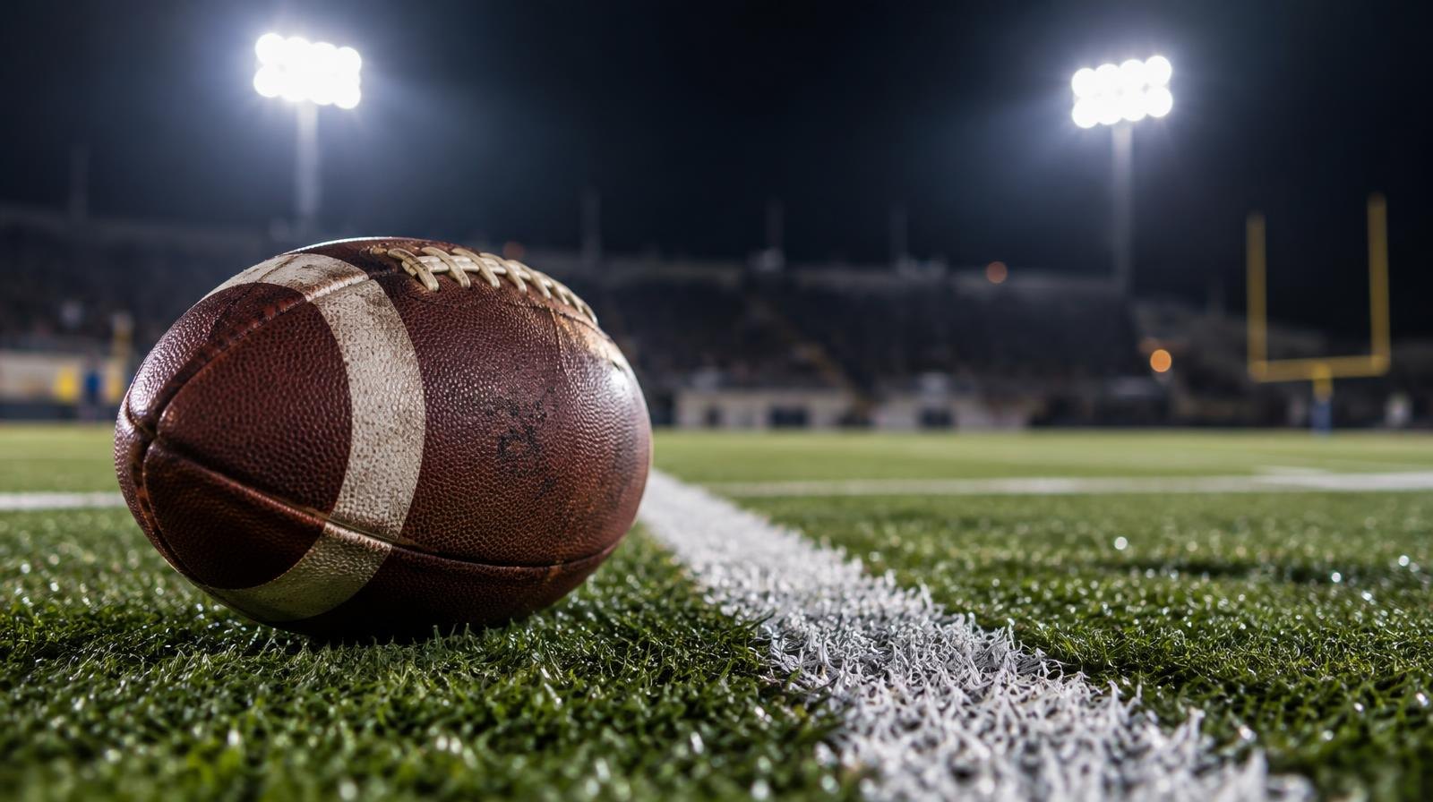 An American football on green turf beside a white yard line under bright stadium lights.