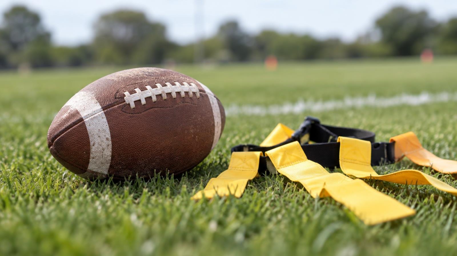 A football and colorful flag belt lying on green grass.