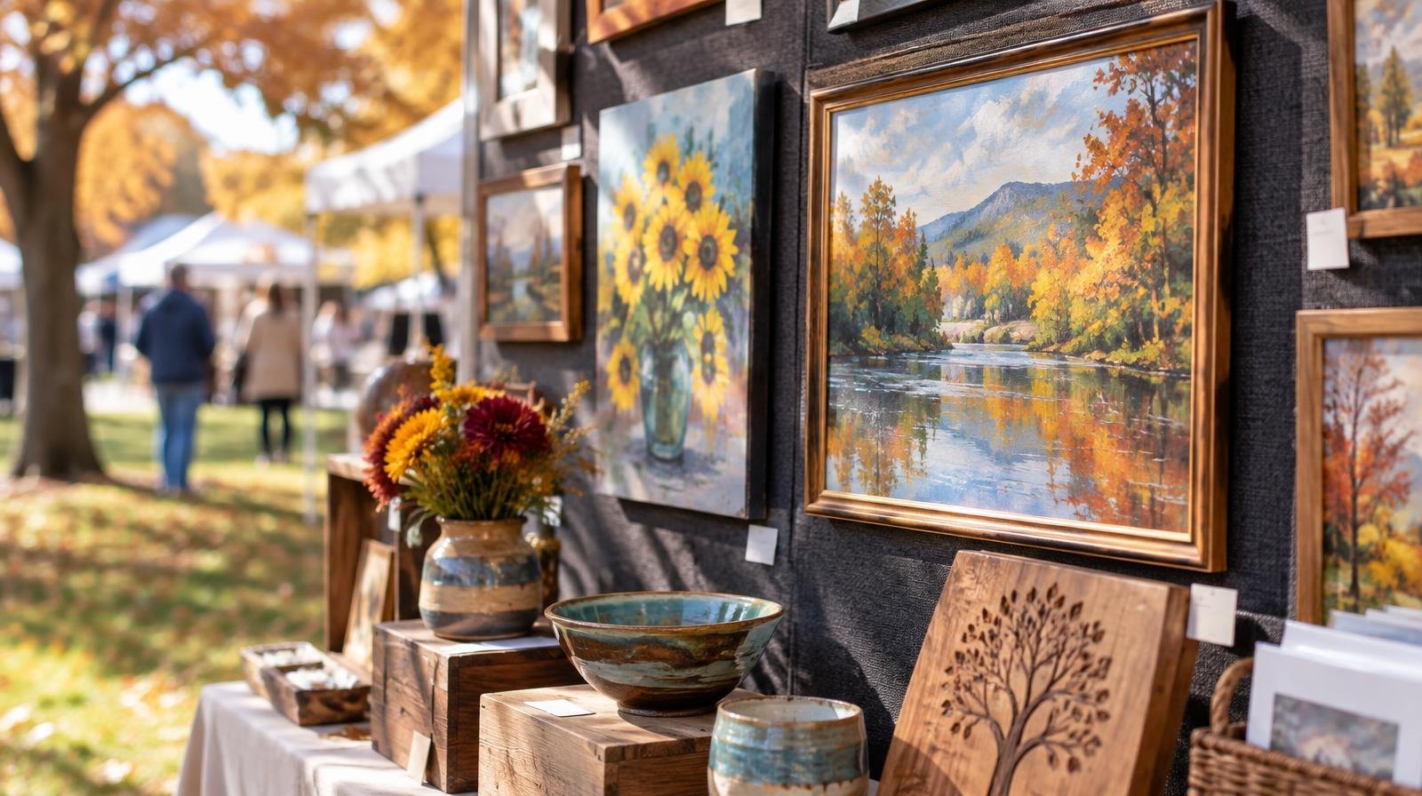 Colorful paintings and handcrafted artwork displayed on panels at an outdoor festival booth.