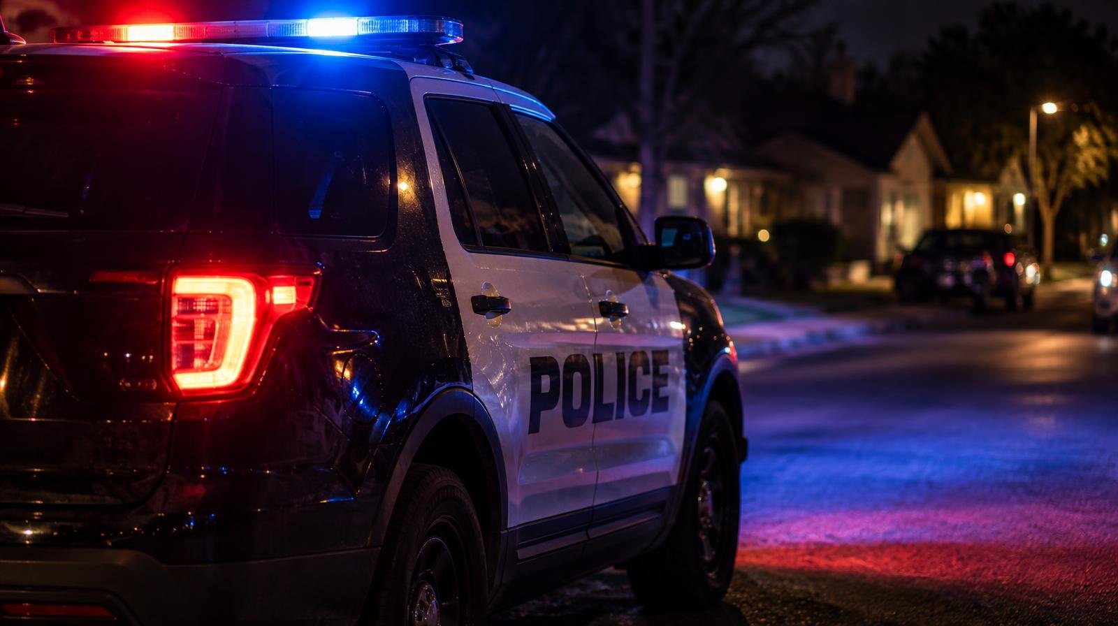 Marked police patrol vehicle with red and blue emergency lights on a dark residential street.