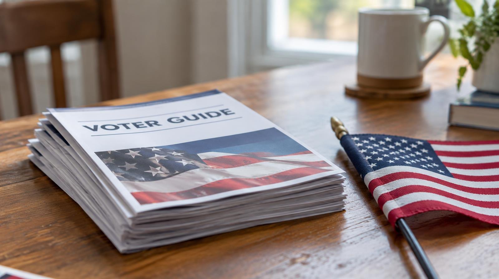 A stack of voter pamphlets beside a small American flag on a wooden table.