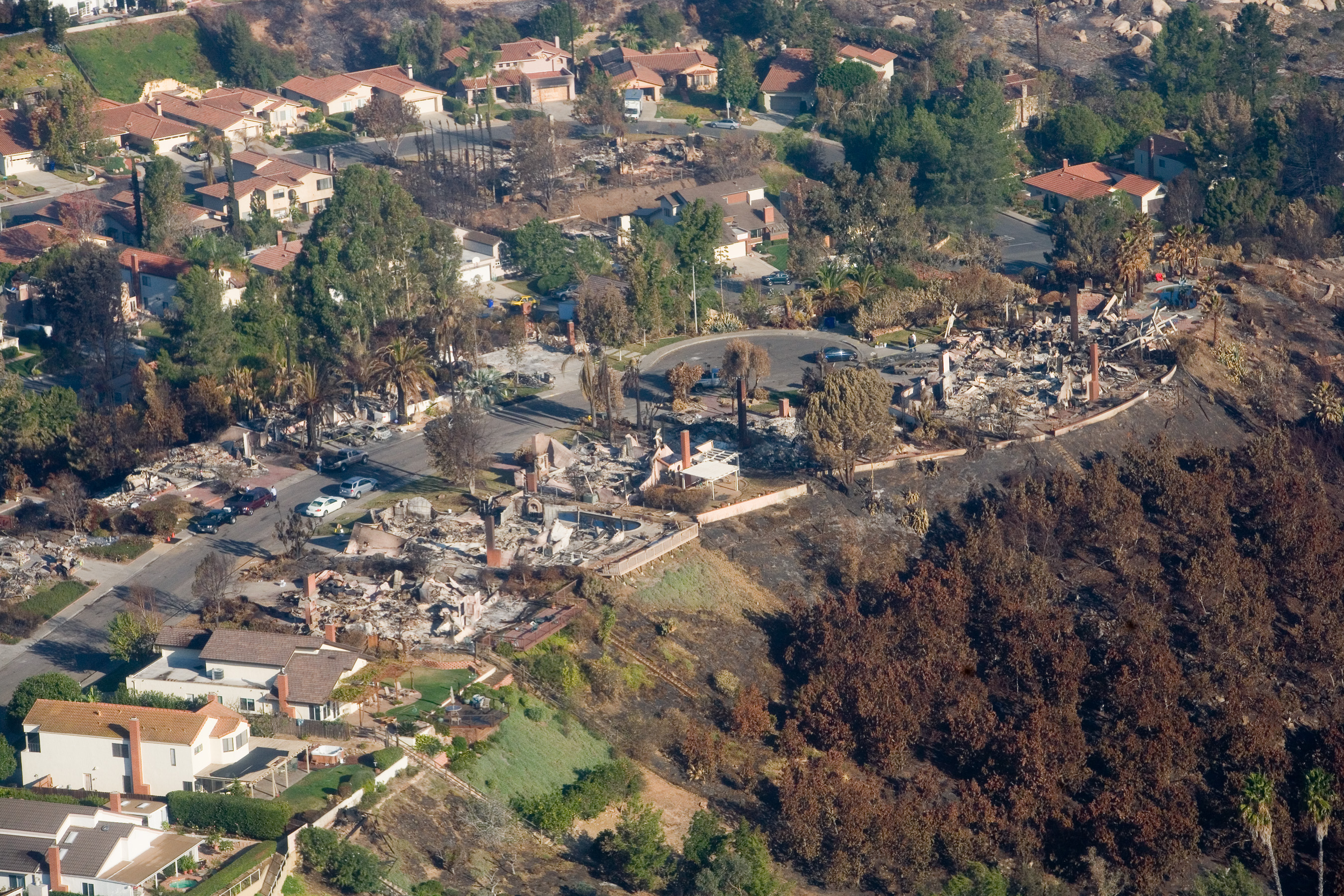 Aerial view of a neighborhood with many homes reduced to ash and rubble by wildfire.