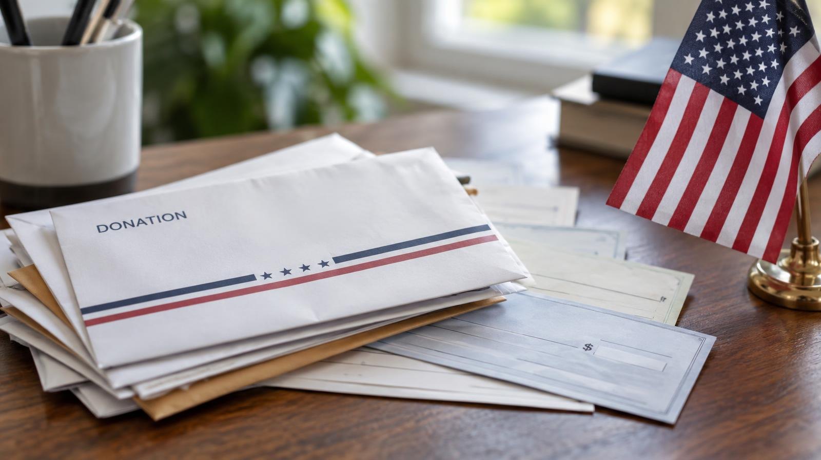 Envelopes and checks fanned out on a wooden desk beside a small American flag.