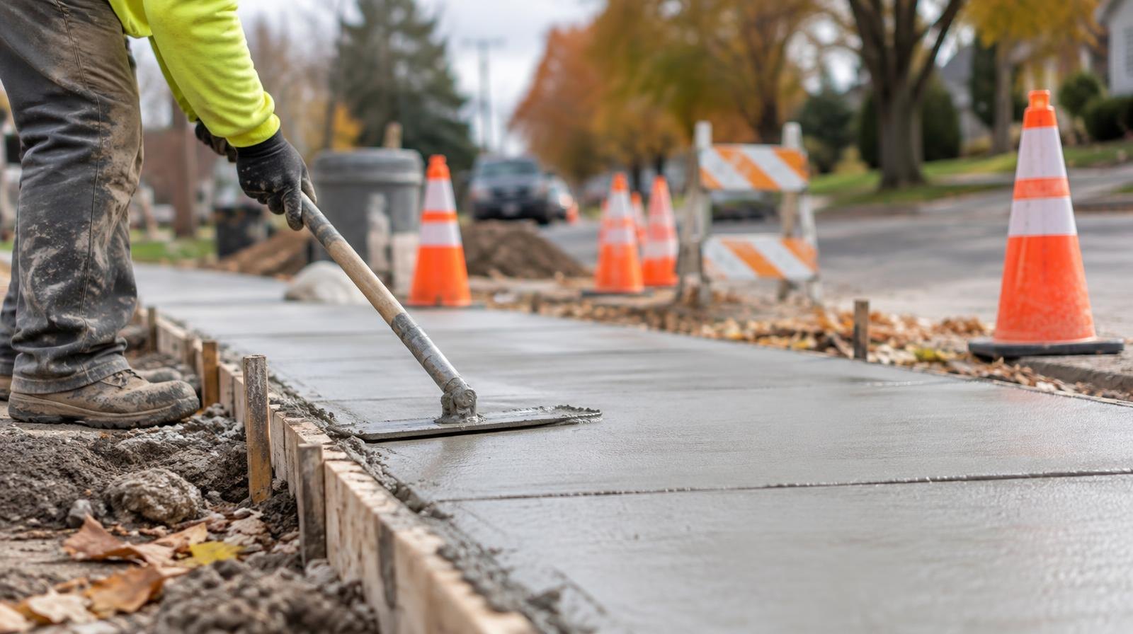 Freshly poured concrete sidewalk under construction with orange traffic cones along a road.