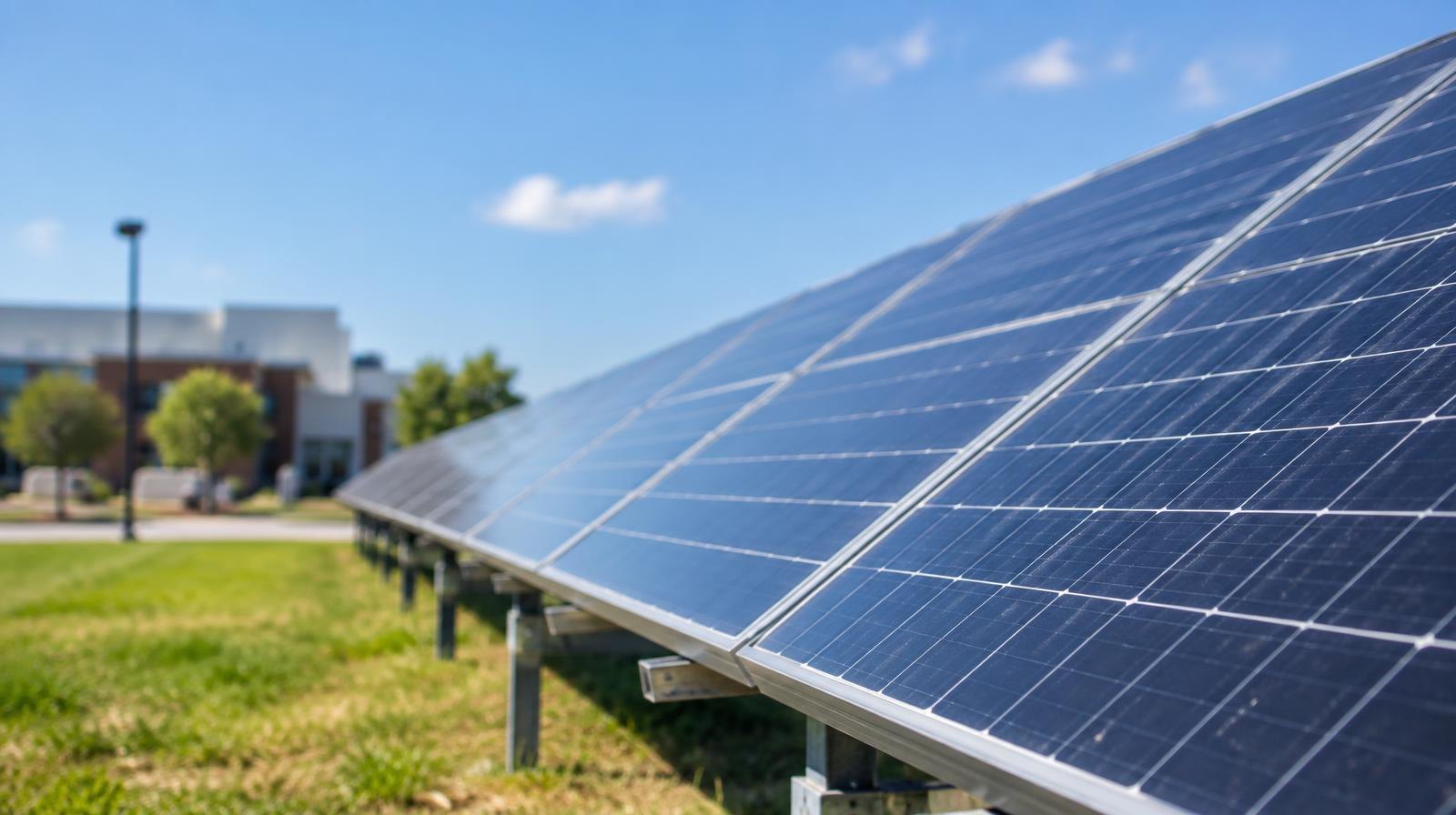 Rows of solar panels mounted on a ground-level array under a bright blue sky.